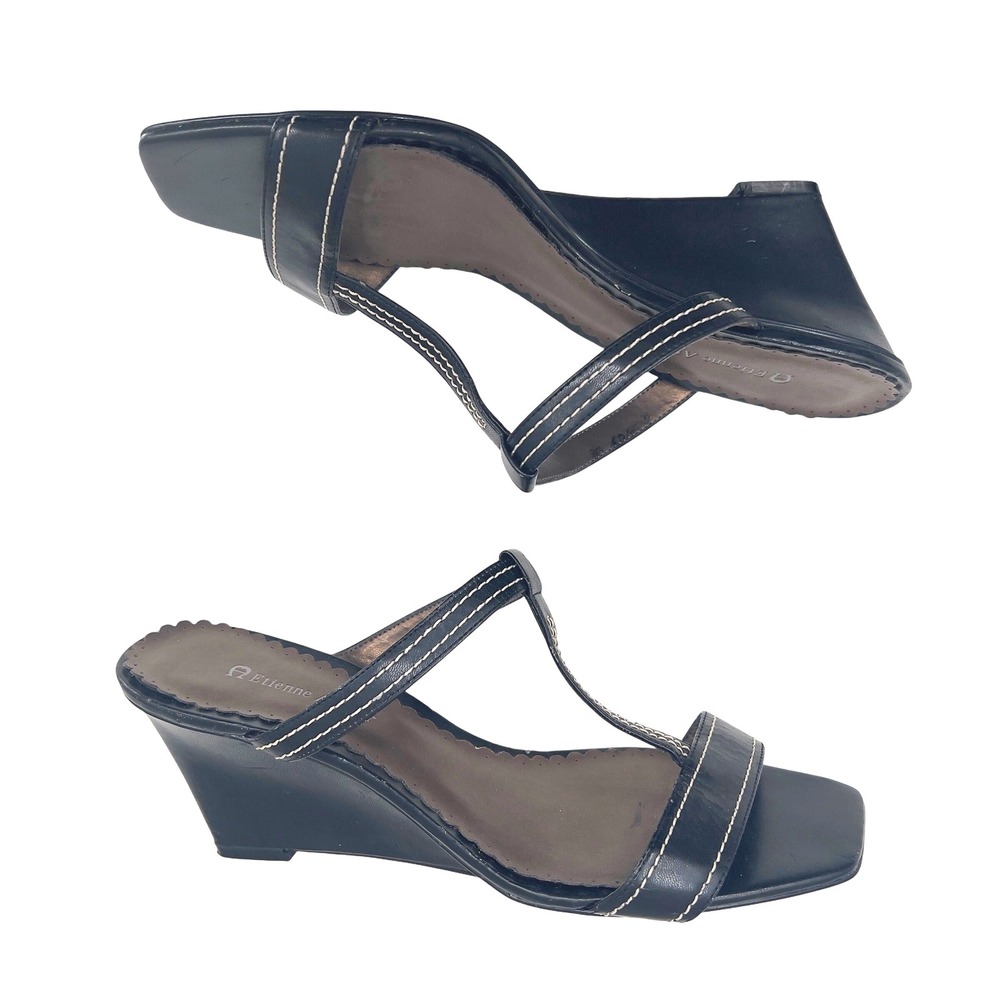 Etienne Aigner Black Leather Wedge Sandals Luxury‎ Old Money Y2K Women's  9 M
